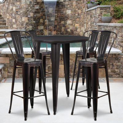 Flash Furniture 5 pc. 30 in. Round Metal Indoor/Outdoor Bar Table Set with 4 Cafe Stools, Black/Antique Gold