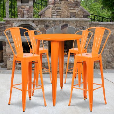 Flash Furniture 5 pc. 30 in. Round Metal Indoor/Outdoor Bar Table Set with 4 Cafe Stools, Orange