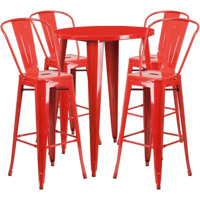 Image showing  Metal Indoor/Outdoor Bar Table Set with 30 in. Round Table and 4 Cafe Stools, Red, 5 pc.