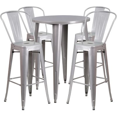 Flash Furniture 5 pc. 30 in. Round Metal Indoor/Outdoor Bar Table Set with 4 Cafe Stools, Silver