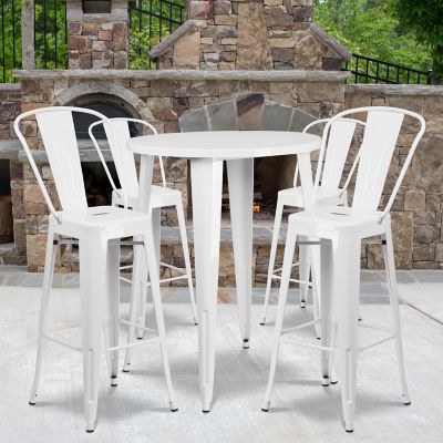 Flash Furniture Metal Indoor/Outdoor Bar Table Set with 30 in. Round Table and 4 Cafe Stools, White, 5 pc.