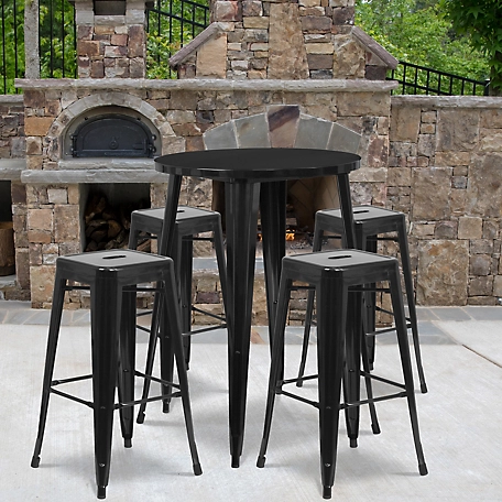 Flash Furniture 5 pc. 30 in. Round Metal Indoor/Outdoor Bar Table Set with 4 Square Seat Backless Stools, Black