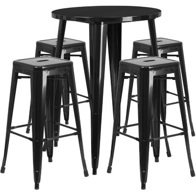 Image showing  5 pc. 30 in. Round Metal Indoor/Outdoor Bar Table Set with 4 Square Seat Backless Stools, Black