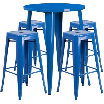 Image showing 1 th Flash Furniture 5 pc. 30 in. Round Metal Indoor/Outdoor Bar Table Set with 4 Square Seat Backless Stools, Blue