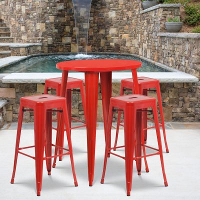 Flash Furniture 5 pc. 30 in. Round Metal Indoor/Outdoor Bar Table Set with 4 Square Seat Backless Stools, Red