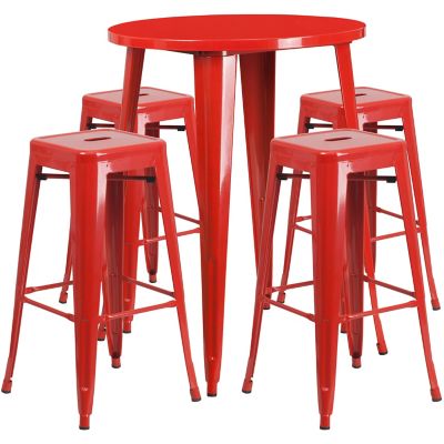 Image showing  5 pc. 30 in. Round Metal Indoor/Outdoor Bar Table Set with 4 Square Seat Backless Stools, Red