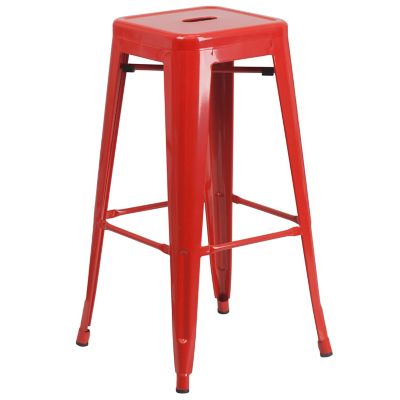 Image showing  5 pc. 30 in. Round Metal Indoor/Outdoor Bar Table Set with 4 Square Seat Backless Stools, Red