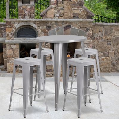 Flash Furniture 5 pc. 30 in. Round Metal Indoor/Outdoor Bar Table Set with 4 Square Seat Backless Stools, Silver