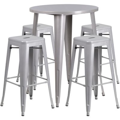 Image showing  5 pc. 30 in. Round Metal Indoor/Outdoor Bar Table Set with 4 Square Seat Backless Stools, Silver