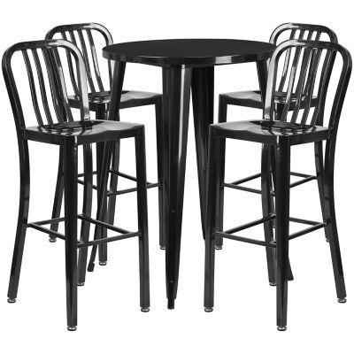 Flash Furniture 5 pc. 30 in. Round Metal Indoor/Outdoor Bar Table Set with 4 Vertical Slat Back Stools, Black