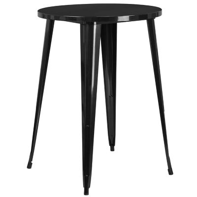 Image showing  5 pc. 30 in. Round Metal Indoor/Outdoor Bar Table Set with 4 Vertical Slat Back Stools, Black