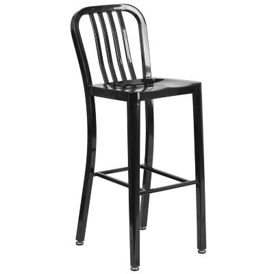 Image showing  5 pc. 30 in. Round Metal Indoor/Outdoor Bar Table Set with 4 Vertical Slat Back Stools, Black