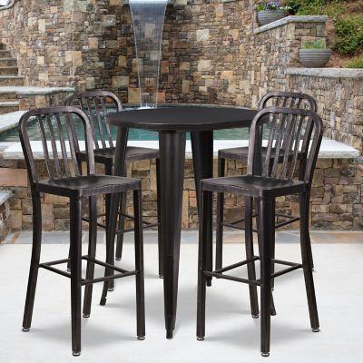 Flash Furniture 5 pc. 30 in. Round Metal Indoor/Outdoor Bar Table Set with 4 Vertical Slat Back Stools, Black/Antique Gold