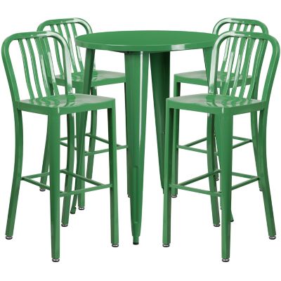 Flash Furniture 5 pc. 30 in. Round Metal Indoor/Outdoor Bar Table Set with 4 Vertical Slat Back Stools, Green