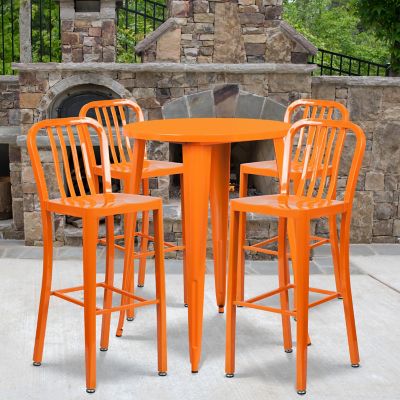 Flash Furniture 5 pc. 30 in. Round Metal Indoor/Outdoor Bar Table Set with 4 Vertical Slat Back Stools, Orange