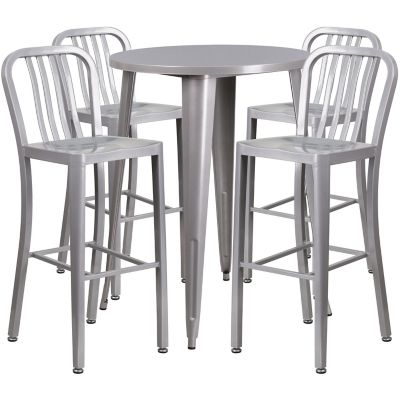 Flash Furniture 5 pc. 30 in. Round Metal Indoor/Outdoor Bar Table Set with 4 Vertical Slat Back Stools, Silver