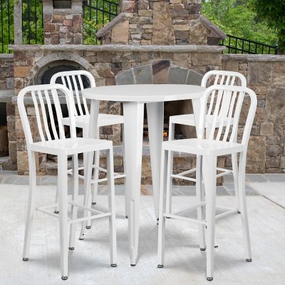 Flash Furniture 5 pc. 30 in. Round Metal Indoor/Outdoor Bar Table Set with 4 Vertical Slat Back Stools, White