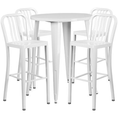 Image showing  5 pc. 30 in. Round Metal Indoor/Outdoor Bar Table Set with 4 Vertical Slat Back Stools, White