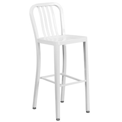 Image showing  5 pc. 30 in. Round Metal Indoor/Outdoor Bar Table Set with 4 Vertical Slat Back Stools, White