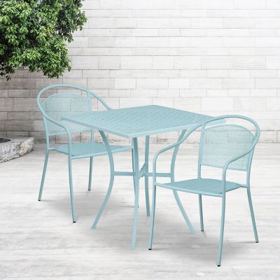 Flash Furniture 3 pc. Square Indoor/Outdoor Steel Patio Bistro Set with 2 Round Back Chairs, 28 in.