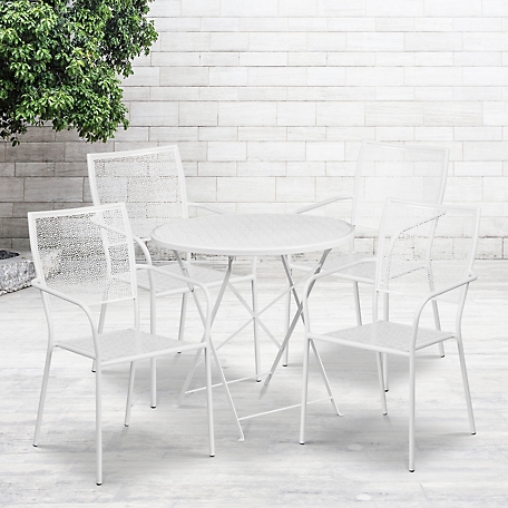 Flash Furniture 5 pc. 30 in. Round Indoor/Outdoor Steel Folding Patio Table Set, White, Includes 4 Square Back Chairs