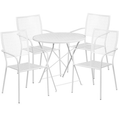 Image showing  5 pc. 30 in. Round Indoor/Outdoor Steel Folding Patio Table Set, White, Includes 4 Square Back Chairs