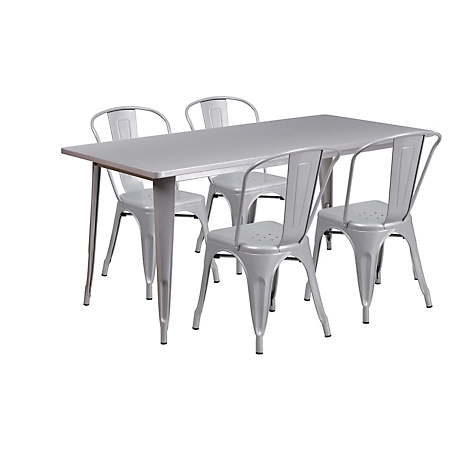 Flash Furniture 5 pc. Rectangular Metal Indoor/Outdoor Table Set with 4 Stack Chairs, 31.5 in. x 63 in.