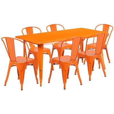 Flash Furniture 7 pc. Rectangular Metal Indoor/Outdoor Table Set with 6 Stack Chairs, 31.5 in. x 63 in.