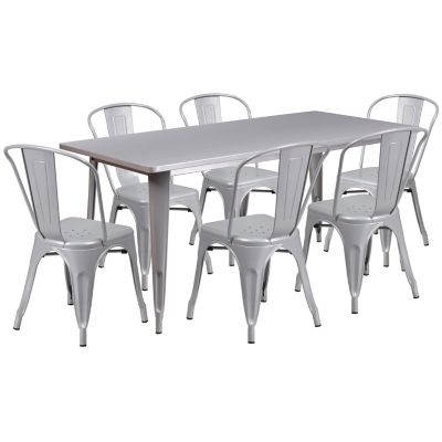 Flash Furniture 7 pc. Rectangular Metal Indoor/Outdoor Table Set with 6 Stack Chairs, 31.5 in. x 63 in.