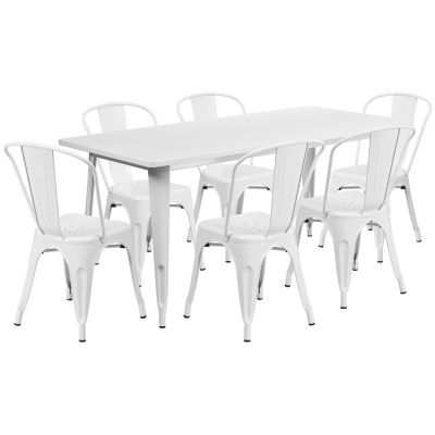 Image showing  7 pc. Rectangular Metal Indoor/Outdoor Table Set with 6 Stack Chairs, 31.5 in. x 63 in.