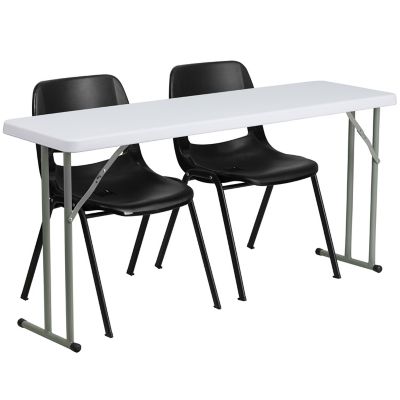 Flash Furniture 3 pc. Plastic Folding Training Table Set with 2 Metal Folding Chairs, 60 in. x 18 in. x 29 in., Black