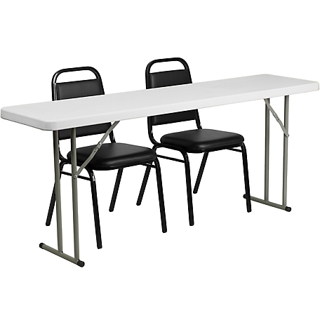 Flash Furniture 3 pc. Plastic Folding Training Table Set with 2 Trapezoidal Stack Chairs, 72 in. x 18 in. x 29 in., Black