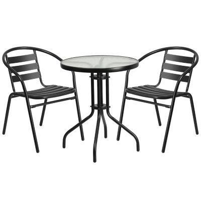 Image showing  3 pc. 23.75 in. Round Glass Metal Table with 2 Black Metal Aluminum Slat Stack Chairs