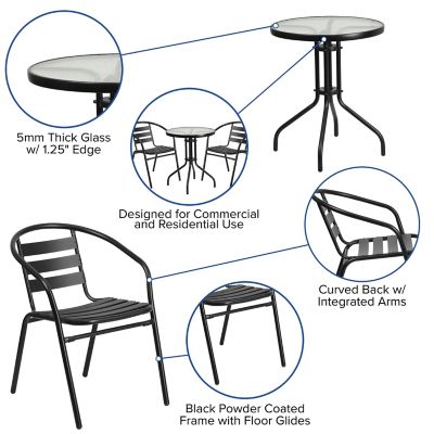 Image showing  3 pc. 23.75 in. Round Glass Metal Table with 2 Black Metal Aluminum Slat Stack Chairs