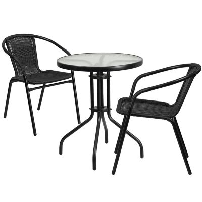 Image showing  3 pc. 23.75 in. Round Glass Metal Table with 2 Black Rattan Stack Chairs