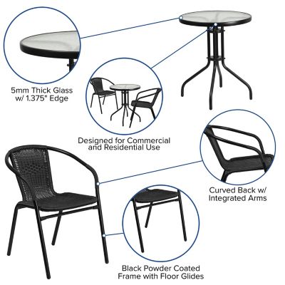 Image showing  3 pc. 23.75 in. Round Glass Metal Table with 2 Black Rattan Stack Chairs
