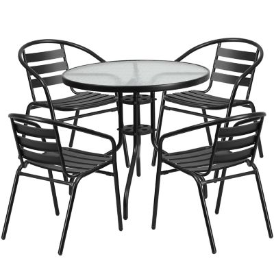 Image showing  5 pc. Round Glass Metal Table with 4 Black Metal Aluminum Slat Stack Chairs, 31.5 in.