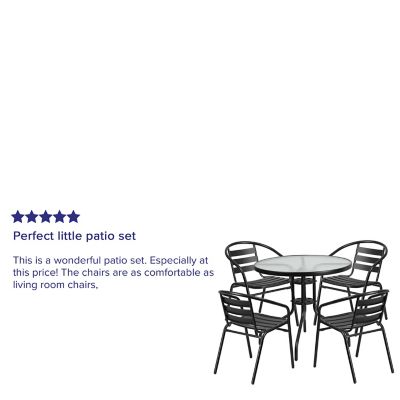 Image showing  5 pc. Round Glass Metal Table with 4 Black Metal Aluminum Slat Stack Chairs, 31.5 in.