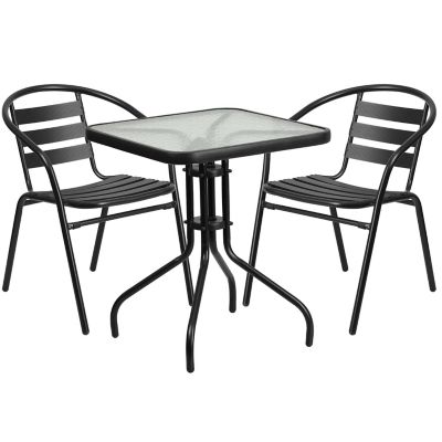 Image showing  3 pc. Square Glass Metal Table with 2 Black Metal Aluminum Slat Stack Chairs, 23.5 in.