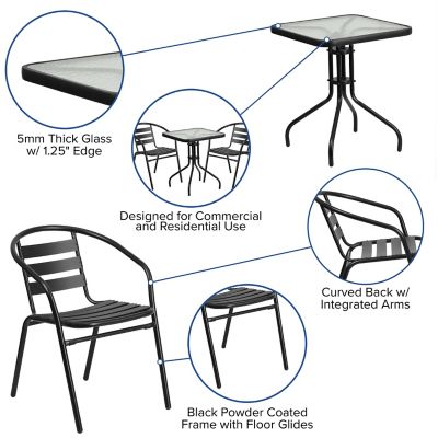 Image showing  3 pc. Square Glass Metal Table with 2 Black Metal Aluminum Slat Stack Chairs, 23.5 in.