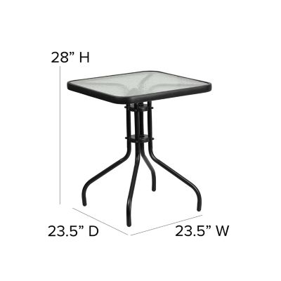 Image showing  3 pc. Square Glass Metal Table with 2 Black Metal Aluminum Slat Stack Chairs, 23.5 in.