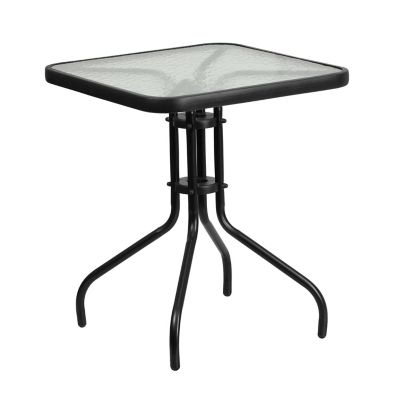 Image showing 6 th Flash Furniture 3 pc. Square Glass Metal Table with 2 Black Metal Aluminum Slat Stack Chairs, 23.5 in.