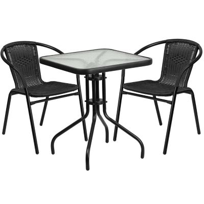 Image showing  3 pc. Square Glass Metal Table with 2 Black Rattan Stack Chairs, 23.5 in.