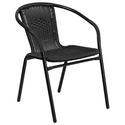 Image showing  3 pc. Square Glass Metal Table with 2 Black Rattan Stack Chairs, 23.5 in.