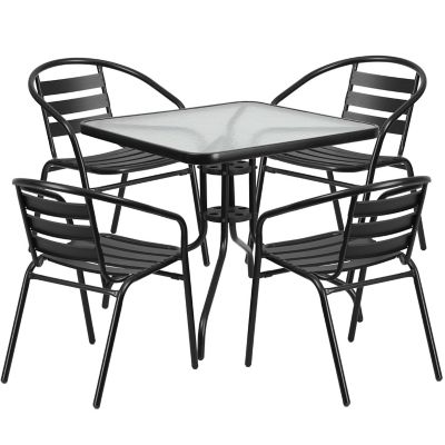 Image showing  5 pc. Square Glass Metal Table with 4 Black Metal Aluminum Slat Stack Chairs, 31.5 in.