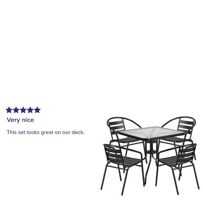 Image showing  5 pc. Square Glass Metal Table with 4 Black Metal Aluminum Slat Stack Chairs, 31.5 in.