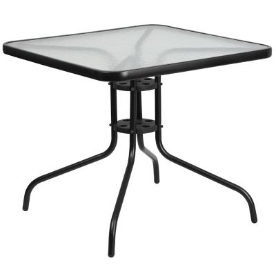 Image showing 7 th Flash Furniture 5 pc. Square Glass Metal Table with 4 Black Metal Aluminum Slat Stack Chairs, 31.5 in.