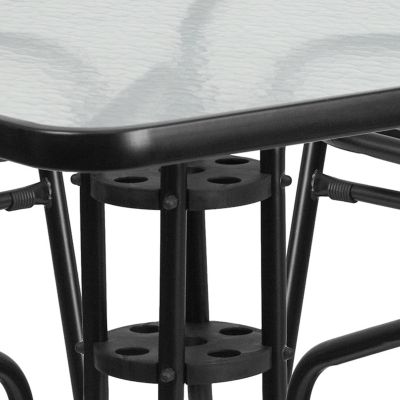 Image showing 9 th Flash Furniture 5 pc. Square Glass Metal Table with 4 Black Metal Aluminum Slat Stack Chairs, 31.5 in.