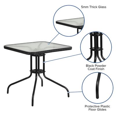 Image showing  Square Tempered Glass Metal Table with Black Rattan Edging, 28 in.
