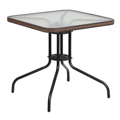 Image showing  28 in. Tempered Glass Metal Square Patio Table with Dark Brown Rattan Edging for 4 People